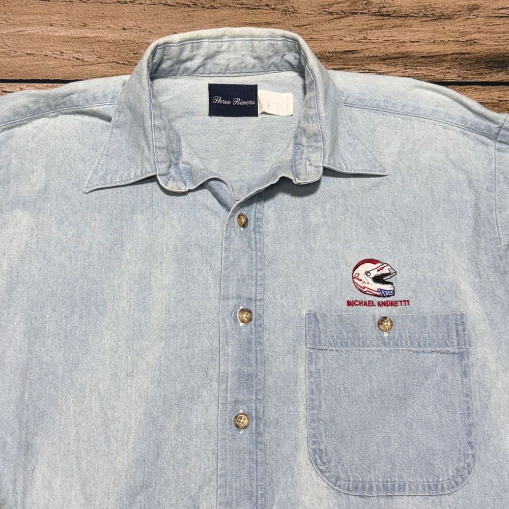 Three Rivers Denim Shirt Mens Large Blue Michael Andretti Racing Vintage USA